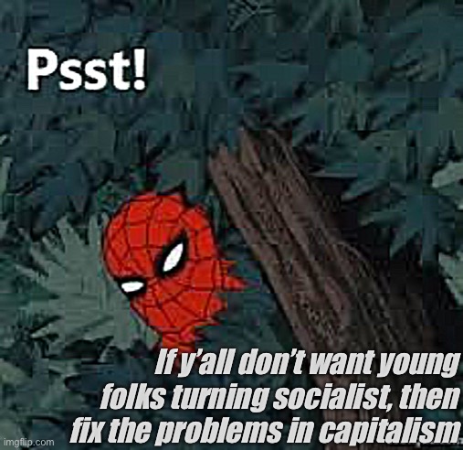 Spiderman psst | If y’all don’t want young folks turning socialist, then fix the problems in capitalism | image tagged in spiderman psst | made w/ Imgflip meme maker