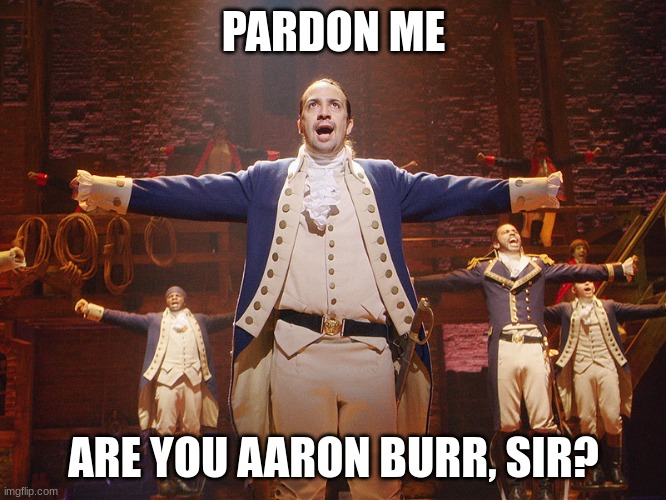 e | PARDON ME; ARE YOU AARON BURR, SIR? | image tagged in hamilton | made w/ Imgflip meme maker