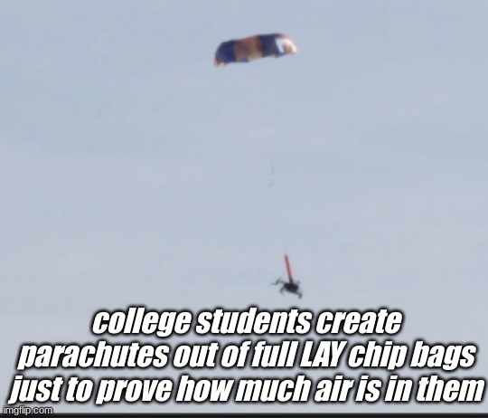 its true | college students create parachutes out of full LAY chip bags just to prove how much air is in them | image tagged in funny | made w/ Imgflip meme maker