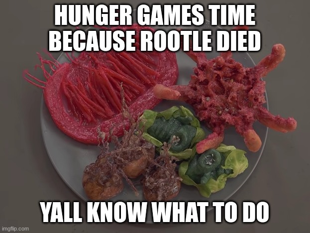 Roast Flesh Nut | HUNGER GAMES TIME BECAUSE ROOTLE DIED; YALL KNOW WHAT TO DO | image tagged in roast flesh nut | made w/ Imgflip meme maker