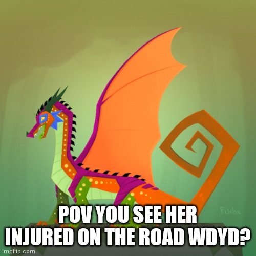 No erp(You can't kill or hurt her) | POV YOU SEE HER INJURED ON THE ROAD WDYD? | image tagged in roleplaying,wings of fire,rainwing | made w/ Imgflip meme maker