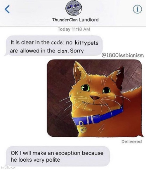 Very polite indeed | image tagged in rusty,bluestar,texting,thunderclan,firestar | made w/ Imgflip meme maker