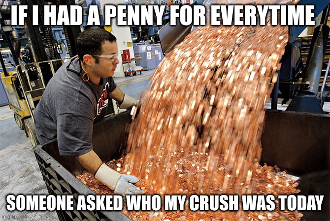 He he | IF I HAD A PENNY FOR EVERYTIME; SOMEONE ASKED WHO MY CRUSH WAS TODAY | image tagged in if i had a penny for every time | made w/ Imgflip meme maker