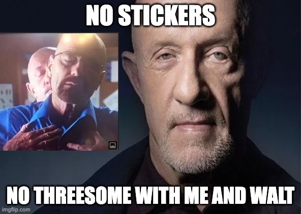 mike ehrmantraut | NO STICKERS; NO THREESOME WITH ME AND WALT | image tagged in mike ehrmantraut | made w/ Imgflip meme maker