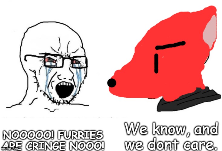 like seriously we know and we dont CARE- if you can have a hobby we can too |  We know, and we dont care. NOOOOO! FURRIES ARE CRINGE NOOO! | image tagged in soyboy vs yes chad,furry,furries,furry is cool,shut up,chad we know | made w/ Imgflip meme maker
