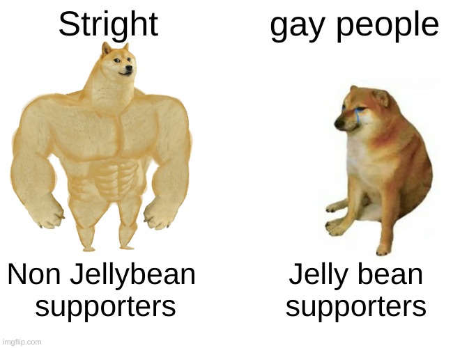 Buff Doge vs. Cheems | Stright; gay people; Non Jellybean 
supporters; Jelly bean supporters | image tagged in memes,buff doge vs cheems | made w/ Imgflip meme maker