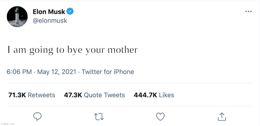 Elon Musk Blank Tweet | I am going to bye your mother | image tagged in elon musk blank tweet | made w/ Imgflip meme maker