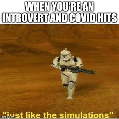 Just like the simulations... The simulations of a global pandemic..? | WHEN YOU'RE AN INTROVERT AND COVID HITS | image tagged in just like the simulations | made w/ Imgflip meme maker