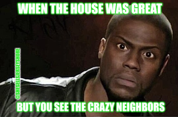 Crazy neighbor |  WHEN THE HOUSE WAS GREAT; @SHESELLSJERSEYSHORE; BUT YOU SEE THE CRAZY NEIGHBORS | image tagged in memes,kevin hart,realtor | made w/ Imgflip meme maker