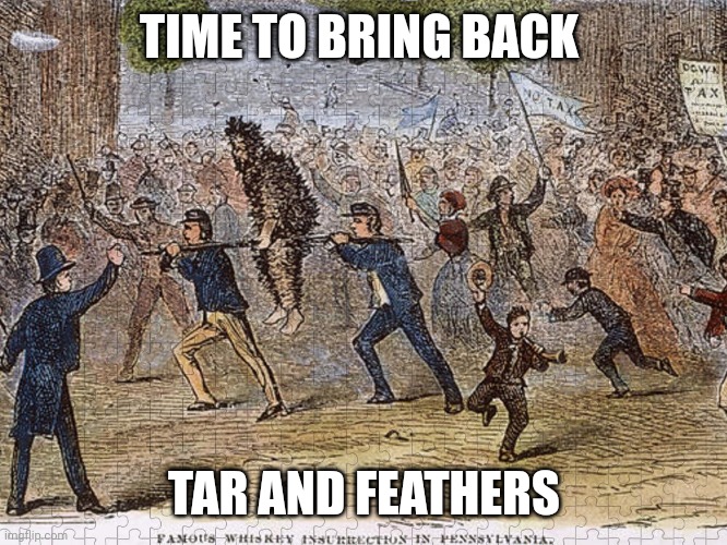 tar and feather | TIME TO BRING BACK TAR AND FEATHERS | image tagged in tar and feather | made w/ Imgflip meme maker