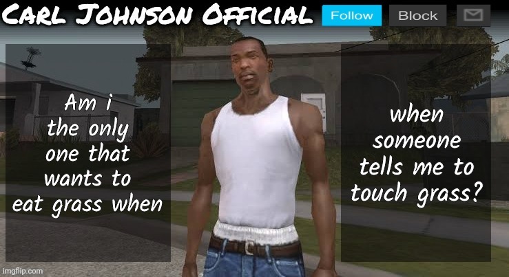 Carl johnson official temp v2 | Am i the only one that wants to eat grass when; when someone tells me to touch grass? | image tagged in carl johnson official temp v2 | made w/ Imgflip meme maker