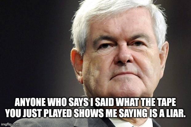 Newt gingrich | ANYONE WHO SAYS I SAID WHAT THE TAPE YOU JUST PLAYED SHOWS ME SAYING IS A LIAR. | image tagged in newt gingrich | made w/ Imgflip meme maker