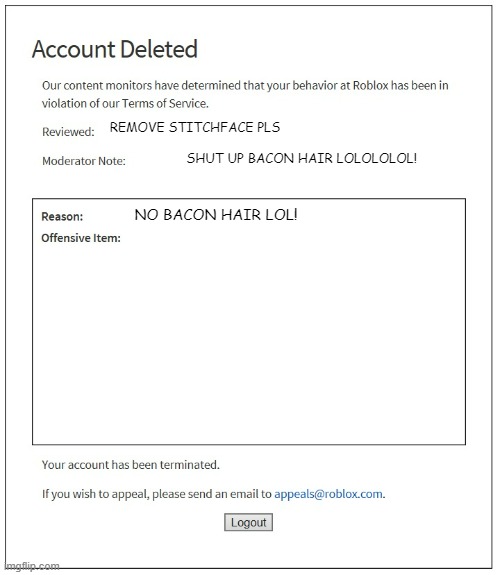 banned from ROBLOX | REMOVE STITCHFACE PLS; SHUT UP BACON HAIR LOLOLOLOL! NO BACON HAIR LOL! | image tagged in banned from roblox | made w/ Imgflip meme maker
