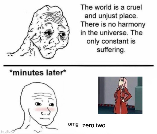 im replacing the danganronpa memes with ditf memes AHAHAHHA | zero two | image tagged in minutes later omg | made w/ Imgflip meme maker