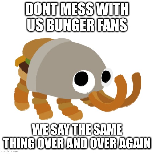 Bunger | DONT MESS WITH US BUNGER FANS; WE SAY THE SAME THING OVER AND OVER AGAIN | image tagged in bunger | made w/ Imgflip meme maker