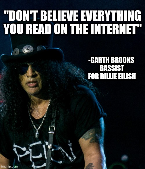 "DON'T BELIEVE EVERYTHING YOU READ ON THE INTERNET"; -GARTH BROOKS 
BASSIST FOR BILLIE EILISH | image tagged in funny memes | made w/ Imgflip meme maker