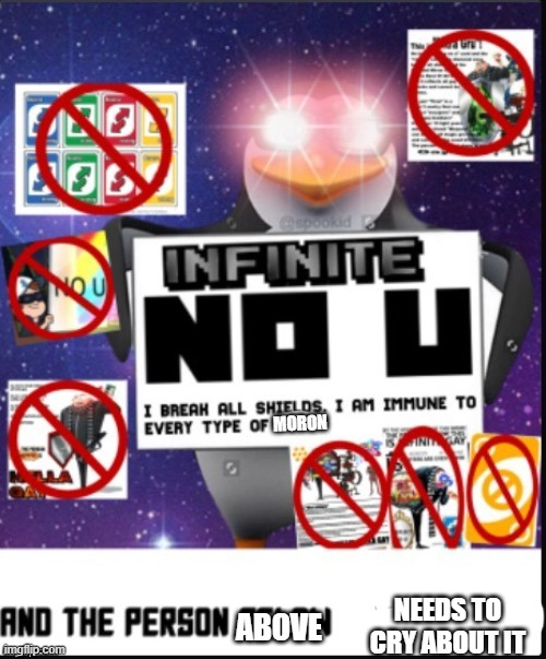 Infinite No U | MORON ABOVE NEEDS TO CRY ABOUT IT | image tagged in infinite no u | made w/ Imgflip meme maker
