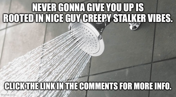 Shower Thoughts | NEVER GONNA GIVE YOU UP IS ROOTED IN NICE GUY CREEPY STALKER VIBES. CLICK THE LINK IN THE COMMENTS FOR MORE INFO. | image tagged in shower thoughts | made w/ Imgflip meme maker