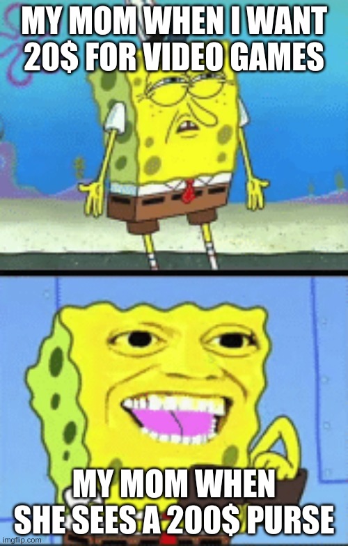 Spongebob money | MY MOM WHEN I WANT 20$ FOR VIDEO GAMES; MY MOM WHEN SHE SEES A 200$ PURSE | image tagged in spongebob money | made w/ Imgflip meme maker