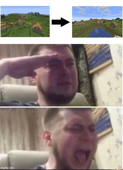i miss the old minecraft villages | image tagged in crying salute,minecraft,minecraft villagers | made w/ Imgflip meme maker