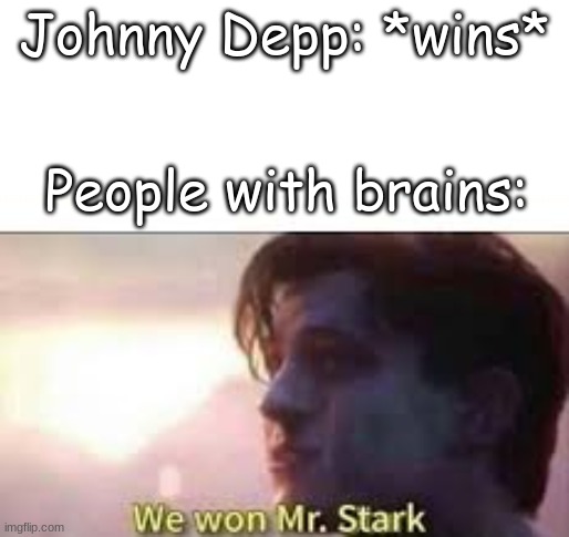 we won mr stark | Johnny Depp: *wins*; People with brains: | image tagged in we won mr stark | made w/ Imgflip meme maker