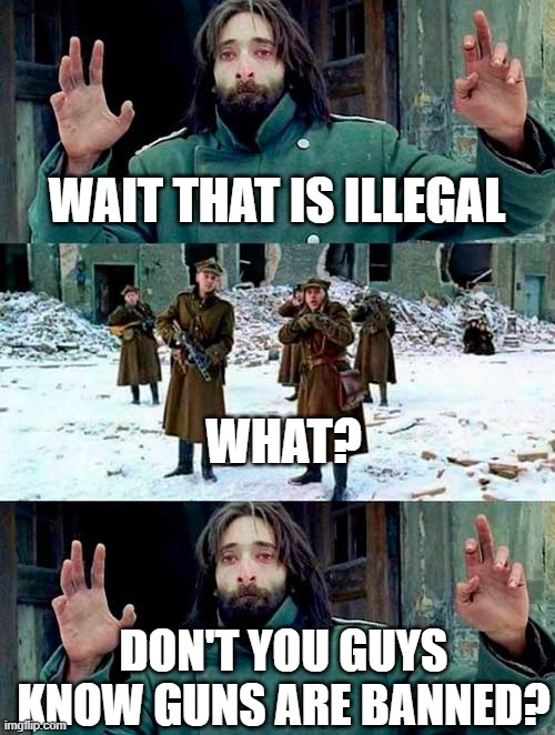 Don't shoot | WAIT THAT IS ILLEGAL WHAT? DON'T YOU GUYS KNOW GUNS ARE BANNED? | image tagged in don't shoot | made w/ Imgflip meme maker