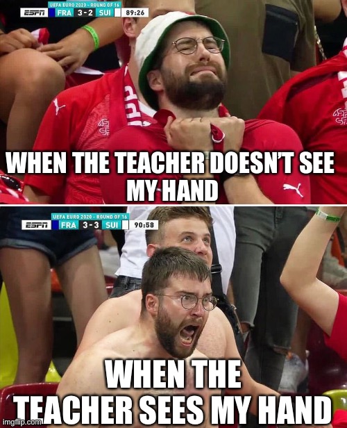 The teacher be like | WHEN THE TEACHER DOESN’T SEE 
MY HAND; WHEN THE TEACHER SEES MY HAND | image tagged in euro 2020 swiss fan | made w/ Imgflip meme maker