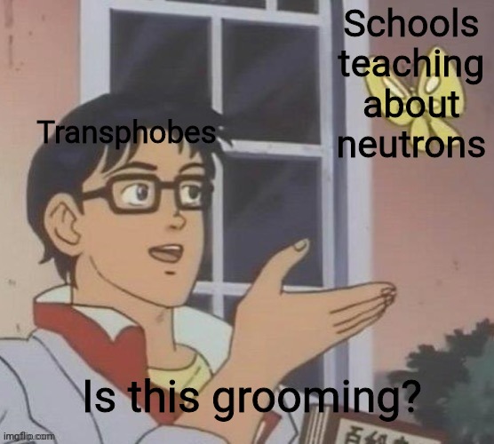 Literally non-binary! | Schools
teaching
about
neutrons; Transphobes; Is this grooming? | image tagged in is this a pigeon,conservative logic,republicans,lgbt | made w/ Imgflip meme maker