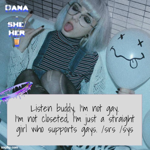 To Info | Listen buddy, I'm not gay. I'm not closeted, I'm just a straight girl who supports gays. /srs /sys | image tagged in dana | made w/ Imgflip meme maker