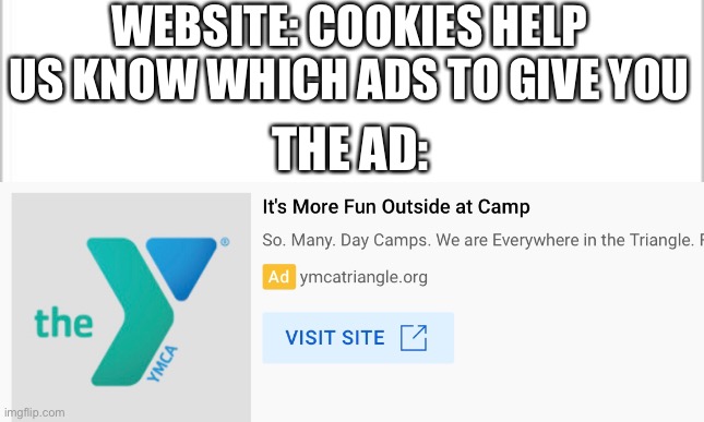 Haha not gonna happen | WEBSITE: COOKIES HELP US KNOW WHICH ADS TO GIVE YOU; THE AD: | image tagged in barney will eat all of your delectable biscuits | made w/ Imgflip meme maker