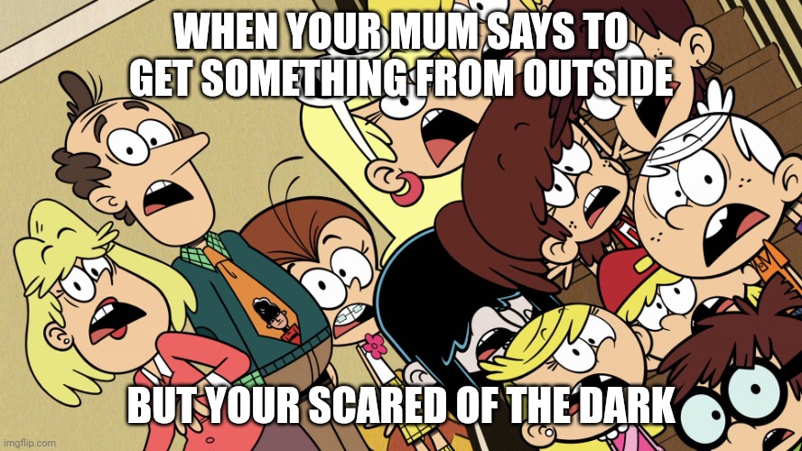 The Loud House shocked reaction | WHEN YOUR MUM SAYS TO GET SOMETHING FROM OUTSIDE; BUT YOUR SCARED OF THE DARK | image tagged in the loud house shocked reaction | made w/ Imgflip meme maker