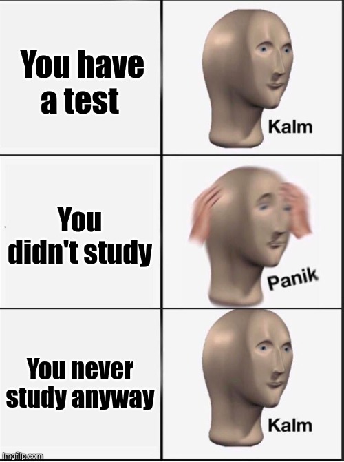 Reverse kalm panik | You have a test You didn't study You never study anyway | image tagged in reverse kalm panik | made w/ Imgflip meme maker