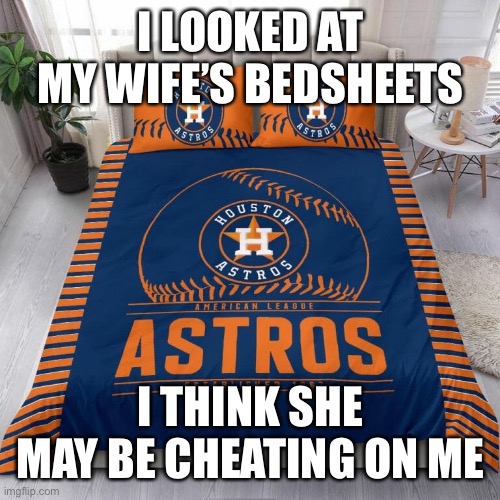 Houston Cheaters |  I LOOKED AT MY WIFE’S BEDSHEETS; I THINK SHE MAY BE CHEATING ON ME | image tagged in mlb,baseball,memes,cheating,cheaters,bed | made w/ Imgflip meme maker