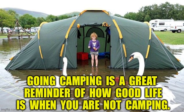Camping | GOING  CAMPING  IS  A  GREAT  REMINDER  OF  HOW  GOOD  LIFE  IS  WHEN  YOU  ARE  NOT  CAMPING. | image tagged in camping flooding swans,a reminder,how good,when not camping,tent | made w/ Imgflip meme maker
