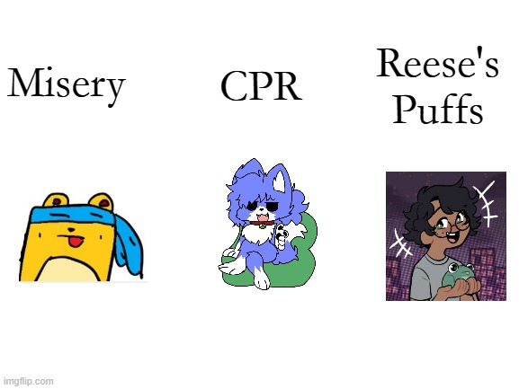 MSMG edition: Misery, CPR, Reese's cups | Reese's Puffs; Misery; CPR | image tagged in blank white template,cpr,reese's,misery | made w/ Imgflip meme maker