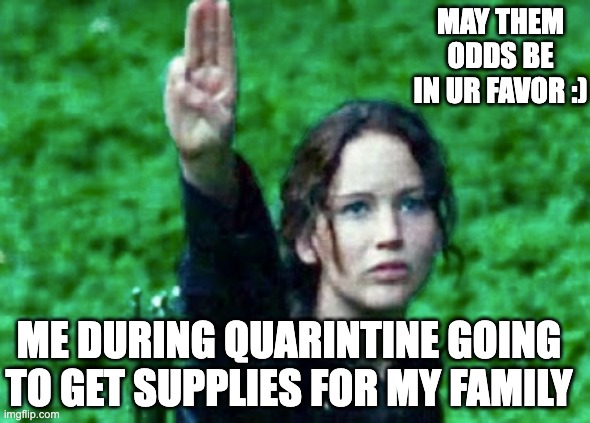 Katniss Everdeen After Rue's Death | MAY THEM ODDS BE IN UR FAVOR :); ME DURING QUARINTINE GOING TO GET SUPPLIES FOR MY FAMILY | image tagged in katniss everdeen after rue's death | made w/ Imgflip meme maker