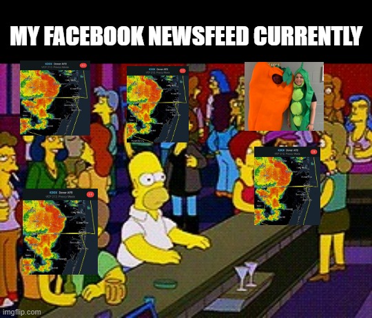 Storms, Peas and Carrots | MY FACEBOOK NEWSFEED CURRENTLY | image tagged in homer bar | made w/ Imgflip meme maker