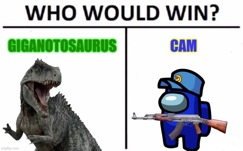 For Cam | GIGANOTOSAURUS; CAM | image tagged in jurassic park,jurassic world,dinosaur,animals,who would win,ocs | made w/ Imgflip meme maker