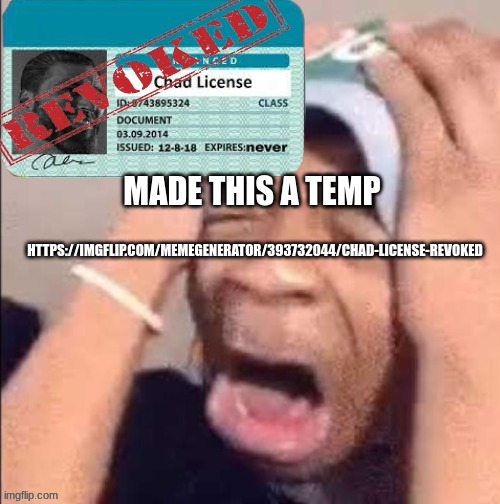 https://imgflip.com/memegenerator/393732044/Chad-License-Revoked | HTTPS://IMGFLIP.COM/MEMEGENERATOR/393732044/CHAD-LICENSE-REVOKED; MADE THIS A TEMP | image tagged in chad license revoked | made w/ Imgflip meme maker