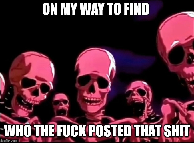 Skeletons Roasting | ON MY WAY TO FIND; WHO THE FUCK POSTED THAT SHIT | image tagged in skeletons roasting | made w/ Imgflip meme maker