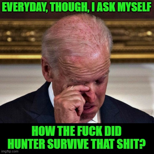 cryung joe | EVERYDAY, THOUGH, I ASK MYSELF HOW THE FUCK DID HUNTER SURVIVE THAT SHIT? | image tagged in cryung joe | made w/ Imgflip meme maker