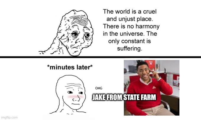 he's a 9/10 for me | JAKE FROM STATE FARM | image tagged in the world is a cruel and unjust place | made w/ Imgflip meme maker
