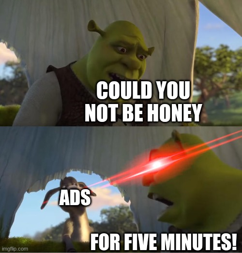 Honey ads be lke: | COULD YOU NOT BE HONEY; ADS; FOR FIVE MINUTES! | image tagged in shrek for five minutes,shrek,mad,ads,honey | made w/ Imgflip meme maker