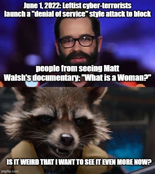 Leftist don't really believe in the 1st amendment | June 1, 2022: Leftist cyber-terrorists launch a "denial of service" style attack to block; people from seeing Matt Walsh's documentary: "What is a Woman?"; IS IT WEIRD THAT I WANT TO SEE IT EVEN MORE NOW? | image tagged in rocket raccoon,political meme,first amendment | made w/ Imgflip meme maker
