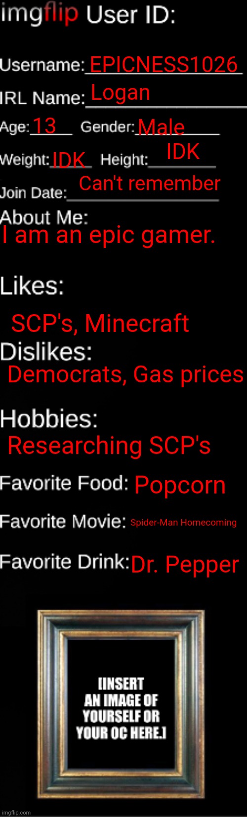 All About Me! | EPICNESS1026; Logan; 13; Male; IDK; IDK; Can't remember; I am an epic gamer. SCP's, Minecraft; Democrats, Gas prices; Researching SCP's; Popcorn; Spider-Man Homecoming; Dr. Pepper | image tagged in imgflip id card,why are you reading this,quit,i said stop,stop reading the tags | made w/ Imgflip meme maker