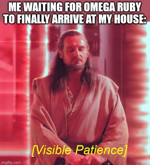 Patience is key | ME WAITING FOR OMEGA RUBY TO FINALLY ARRIVE AT MY HOUSE: | image tagged in visible patience | made w/ Imgflip meme maker