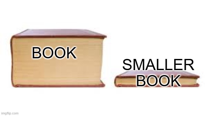 book | SMALLER BOOK; BOOK | image tagged in big book small book | made w/ Imgflip meme maker