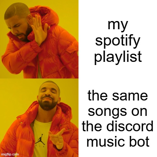 Drake Hotline Bling | my spotify playlist; the same songs on the discord music bot | image tagged in memes,drake hotline bling | made w/ Imgflip meme maker