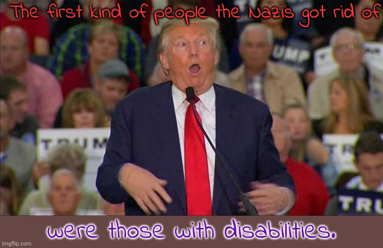 Eugenics. |  The first kind of people the Nazis got rid of; were those with disabilities. | image tagged in trump mocking disabled,discrimination,history,the purge | made w/ Imgflip meme maker