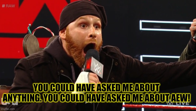 YOU COULD HAVE ASKED ME ABOUT ANYTHING. YOU COULD HAVE ASKED ME ABOUT AEW! | made w/ Imgflip meme maker